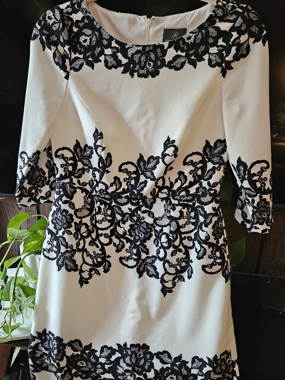 Adrianna Papell White Midi Dress with Black Lace Embroidery